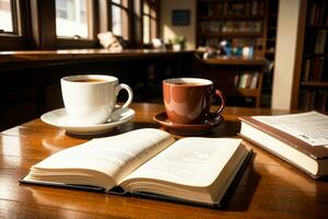 Realistic photo of a coffee cup and book on wood table in a coffee shop with cozy atmosphere, AI Generative