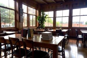 Realistic photo of book on wood desk in a library study room with cozy atmosphere