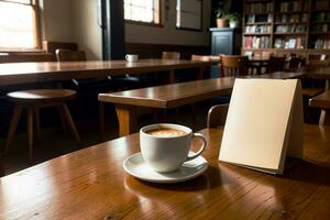 Realistic photo of a coffee cup and paper note stand on wood table in a coffee shop with cozy atmosphere, AI Generative