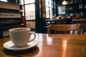Realistic photo of a coffee cup and book on wood table in a coffee shop with cozy atmosphere,