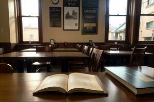Realistic photo of book on wood desk in a library study room with cozy atmosphere, AI Generative