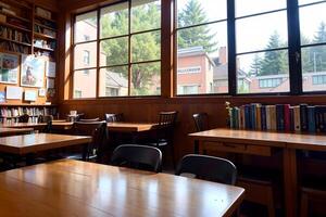 Realistic photo interior of wood table chairs with bright window lighty library study room,