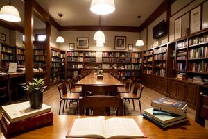 Realistic photo of book on wood desk in a library study room with cozy atmosphere, AI Generative