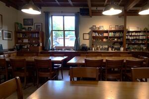 Realistic photo interior of wood table chairs with bright window lighty library study room, AI Generative