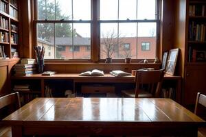 Realistic photo interior of wood table chairs with bright window lighty library study room