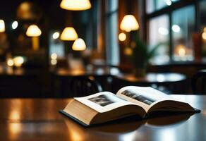 Close up of opened book on table in coffee shop with blurry background, AI generative photo