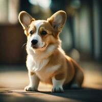 Close up of cute puppy dog welsh corgi sitting on ground, AI generative photo