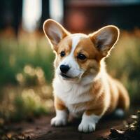 Close up of cute puppy dog welsh corgi sitting on ground, AI generative photo