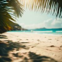 Summer time beach with palm tree leaf background image, AI generative photo