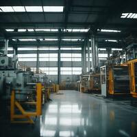Modern factory interior with mechanic machines, AI generative photo