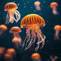 Realistic photo of lowing jellyfish floating underwater, AI generative