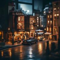 Miniature toy night city street view tilt-shift effect, AI generative photo