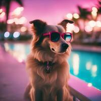 Shot of Vaporwave fashion dog wearing sunglasses in miami, AI generative photo