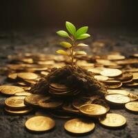 Realistic photo of sapling plant on a pile of golden coins, AI generative