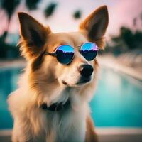 Shot of Vaporwave fashion dog wearing sunglasses in miami photo