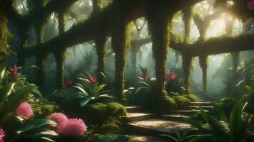paisaje ilustración de selva con flores, generativo ai foto