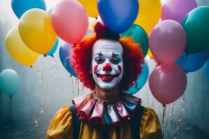 Realistic photo close up of a clown with smile in colorful balloons and misty foggy background, generative AI