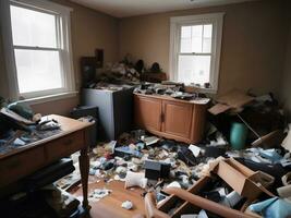 Photograph of a cluttered living space filled with trash debris broken furniture photo