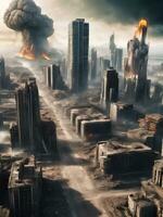 Bird view landscape of doomsday broken deserted city, AI Generative photo