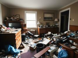 Photograph of a cluttered living space filled with trash debris broken furniture, AI Generative photo