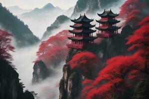 Landscape illustration of misty mountain traditional building in China, AI Generative photo