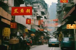 Hong kong kowloon 1990 nostagia cinematic street view, AI Generative photo