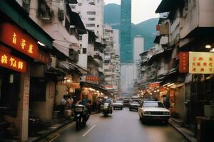 Hong kong kowloon 1990 nostagia cinematic street view, AI Generative photo