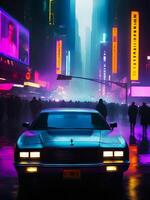 Landscape illustration of neon vaporwave cyberpunk city street and car photo