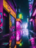 Landscape illustration of neon vaporwave cyberpunk street with graffiti on wall photo