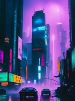 Landscape illustration of neon vaporwave cyberpunk city street and car photo