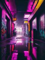 Landscape illustration of neon vaporwave cyberpunk street with graffiti on wall photo