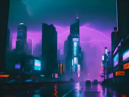 Landscape illustration of neon vaporwave cyberpunk city street photo