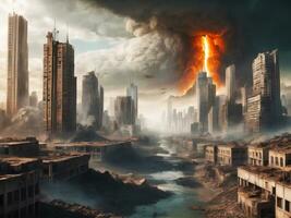 Bird view landscape of doomsday broken deserted city, AI Generative photo