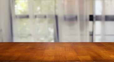 Empty dark wooden table in front of abstract blurred bokeh background of restaurant . can be used for display or montage your products.Mock up for space. photo