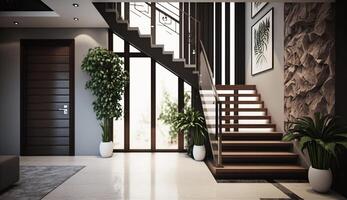 The interior design of the modern entrance hall with a staircase in the villa photo