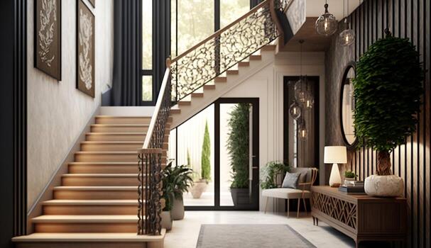 The interior design of the modern entrance hall with a staircase in the villa photo