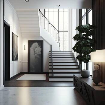The interior design of the modern entrance hall with a staircase in the villa photo