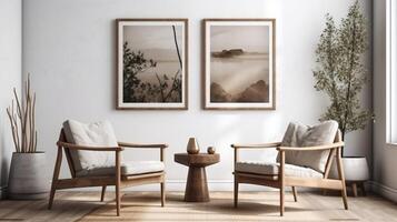 Two armchairs in a room with a white wall and a big frame poster on it generative ai photo