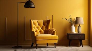 Tufted armchair and coffee table with a lamp near yellow wall generative ai photo