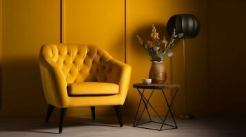 Tufted armchair and coffee table with a lamp near yellow wall generative ai photo