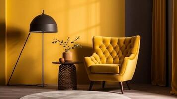 Tufted armchair and coffee table with a lamp near yellow wall generative ai photo