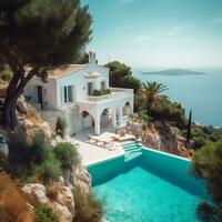 Traditional Mediterranean white house with pool and stunning sea view generative ai photo