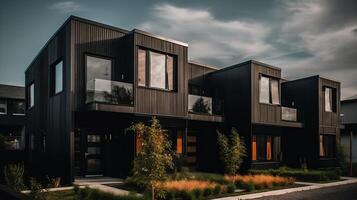 Modern modular private black townhouses residential architecture exterior photo