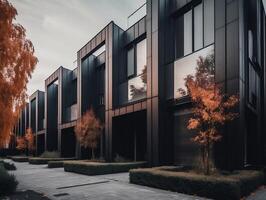 Modern modular private black townhouses residential architecture exterior photo