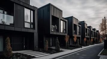 Modern modular private black townhouses residential architecture exterior photo