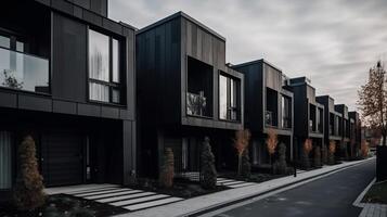 Modern modular private black townhouses residential architecture exterior generative ai photo