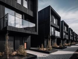 Modern modular private black townhouses residential architecture exterior photo