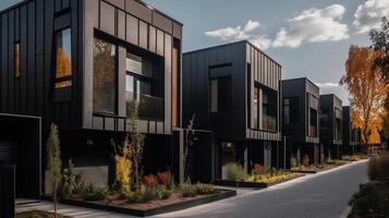 Modern modular private black townhouses residential architecture exterior generative ai photo