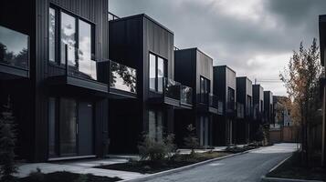 Modern modular private black townhouses residential architecture exterior photo