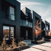 Modern modular private black townhouses residential architecture exterior photo